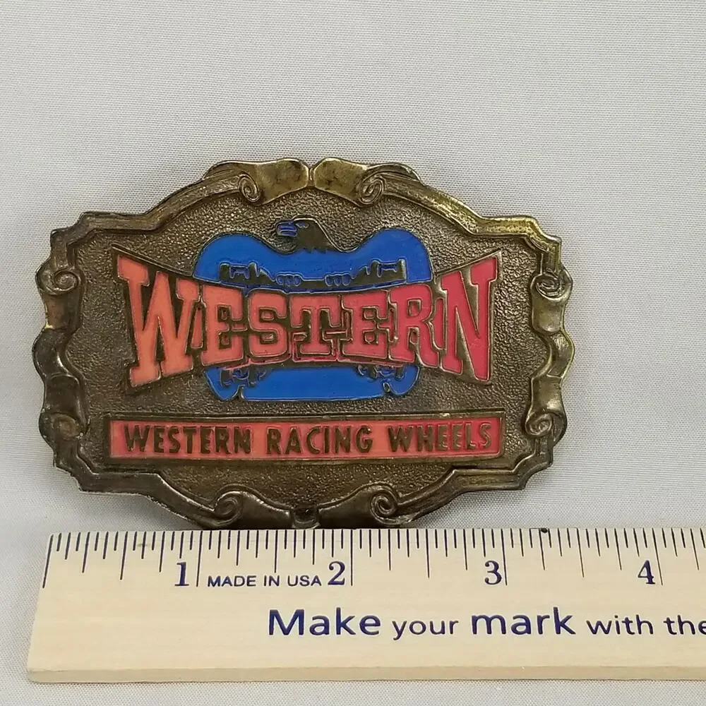 Vintage Belt Buckle Brass Western Racing Wheels‎ Western Patriotic